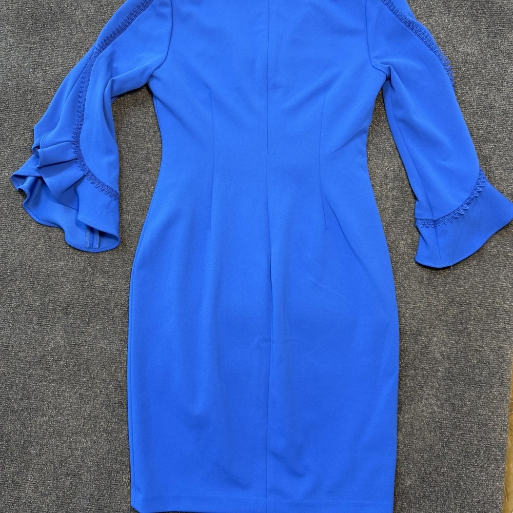 Calvin Klein Dress Womens 8 Blue Bell Sleeve Ruffle Sheath Knee Length Stretch - Picture 4 of 11